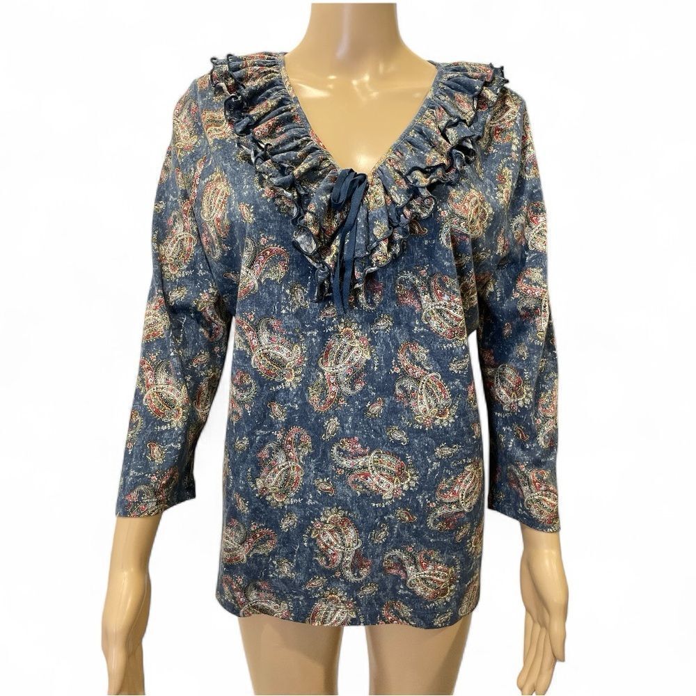 LRL Lauren Jeans CO. Floral Ruffle V-Neck Blouse
